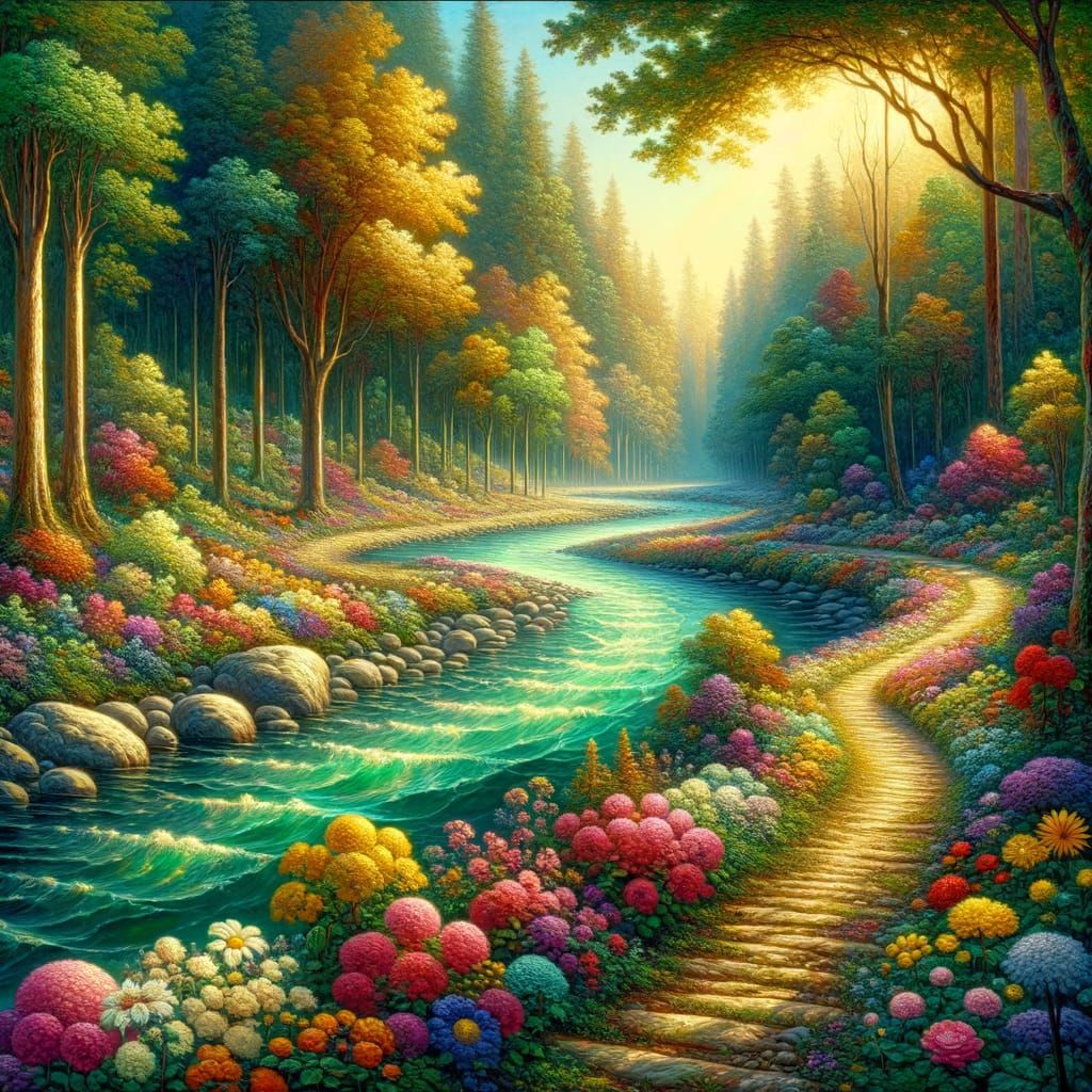 Romantic River of Life: Oil Painting
