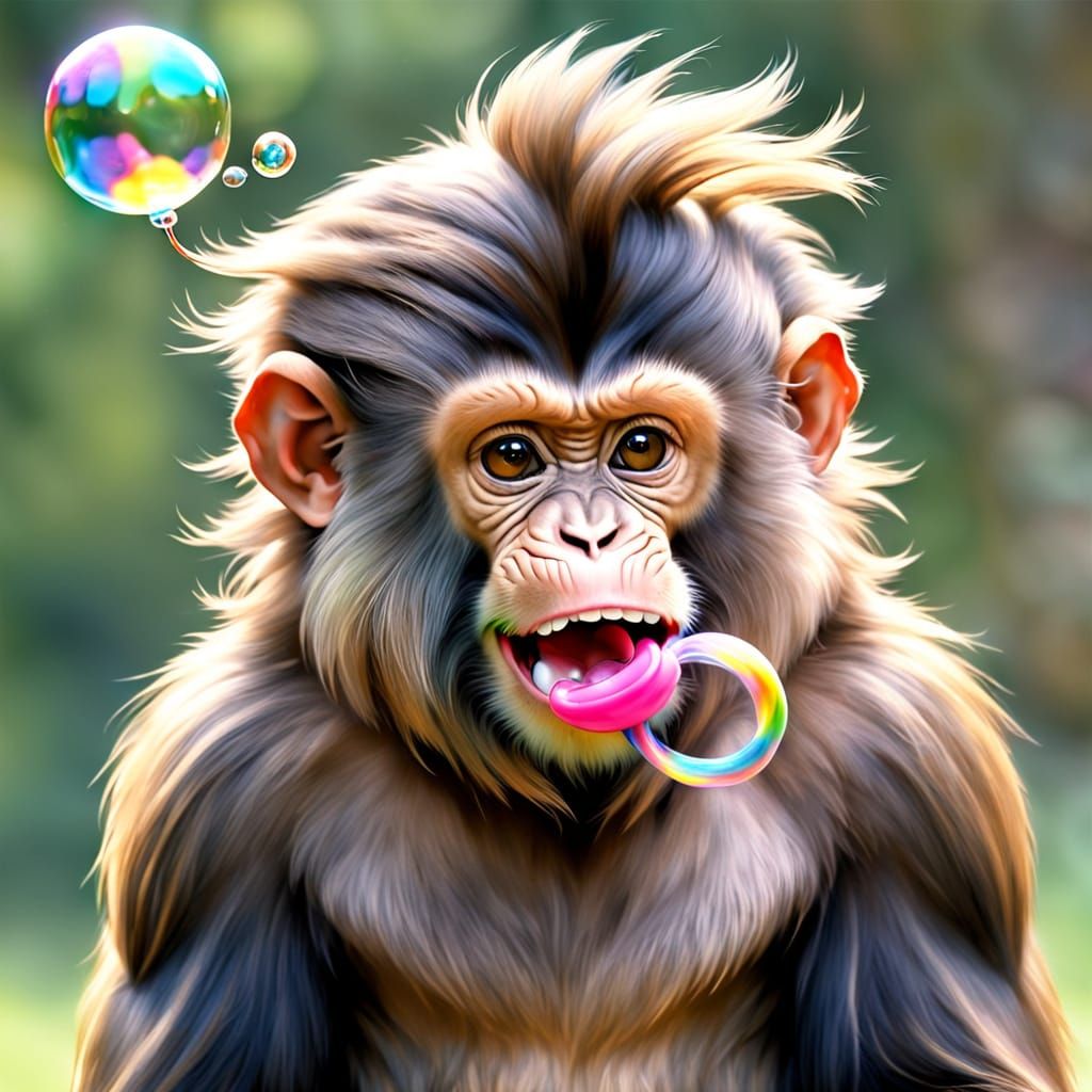 Whimsical Monkey Blows Bright Bubble Gum