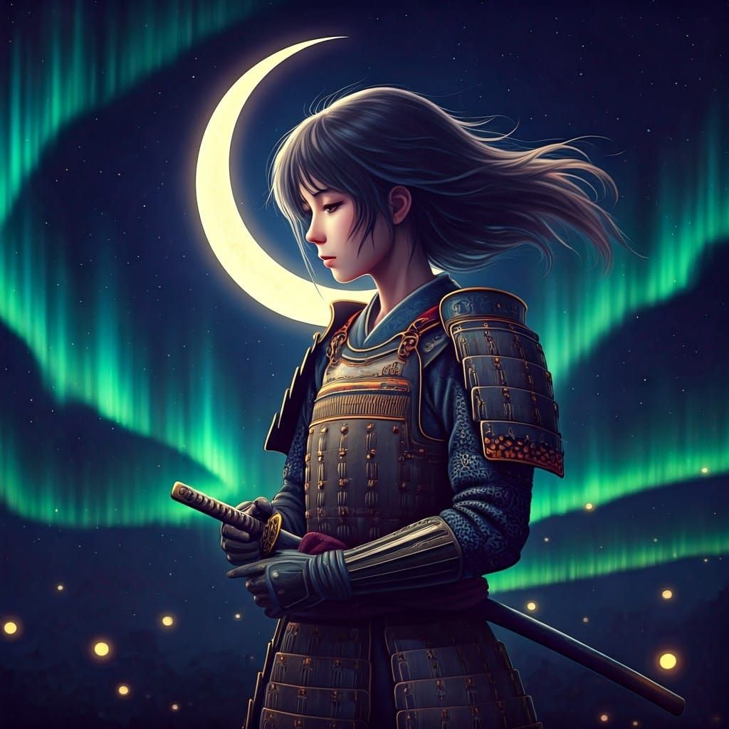 Ethereal Samurai Maiden Amidst Celestial Bloom