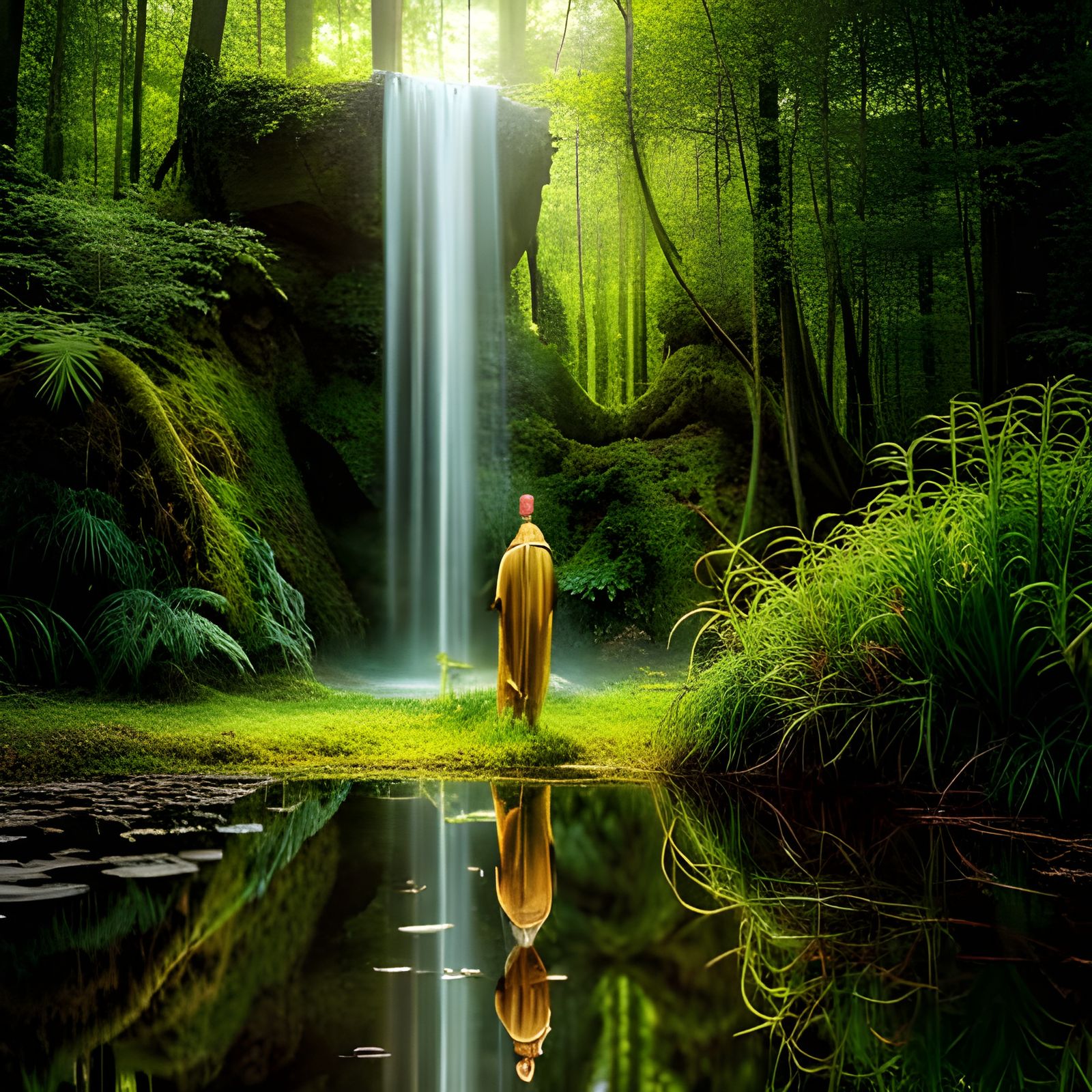 Lush Garden Scene with Alien in Surreal Style