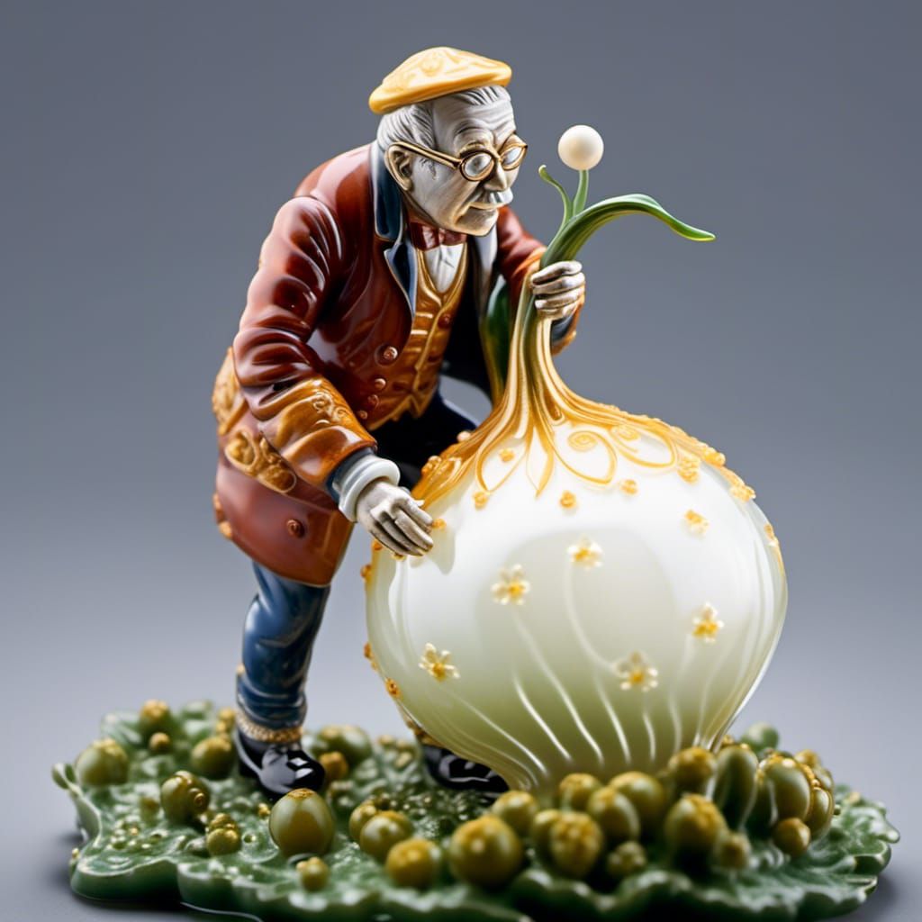 Baroque Sculpture of Man Pulling Onion, Enameled Glass