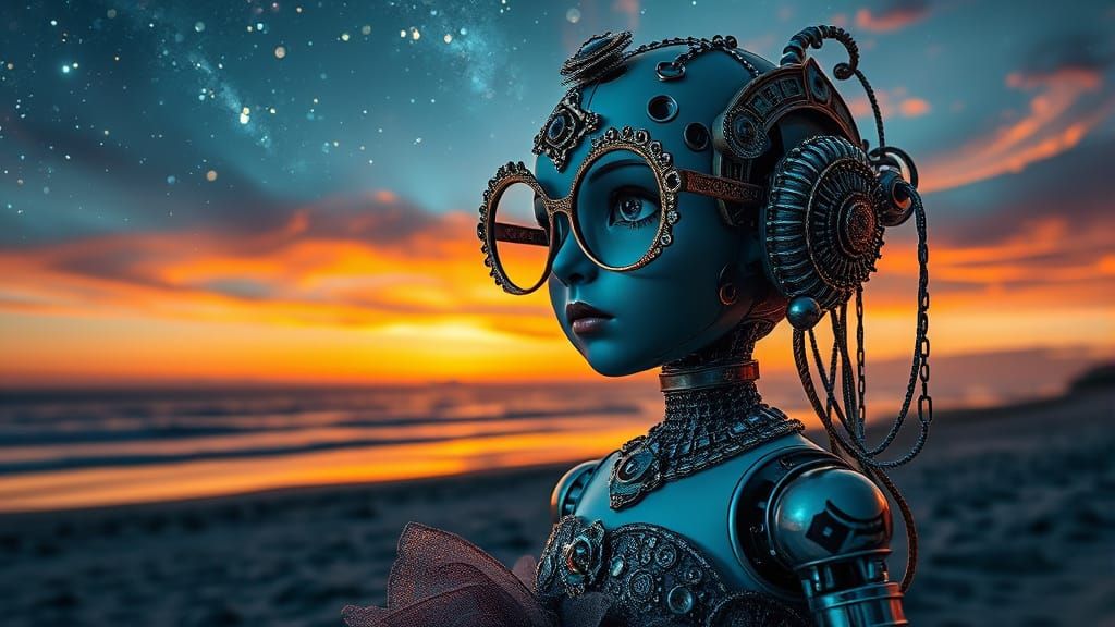 Hyper-Realistic Doll in Glittering Night Sky with Sunset