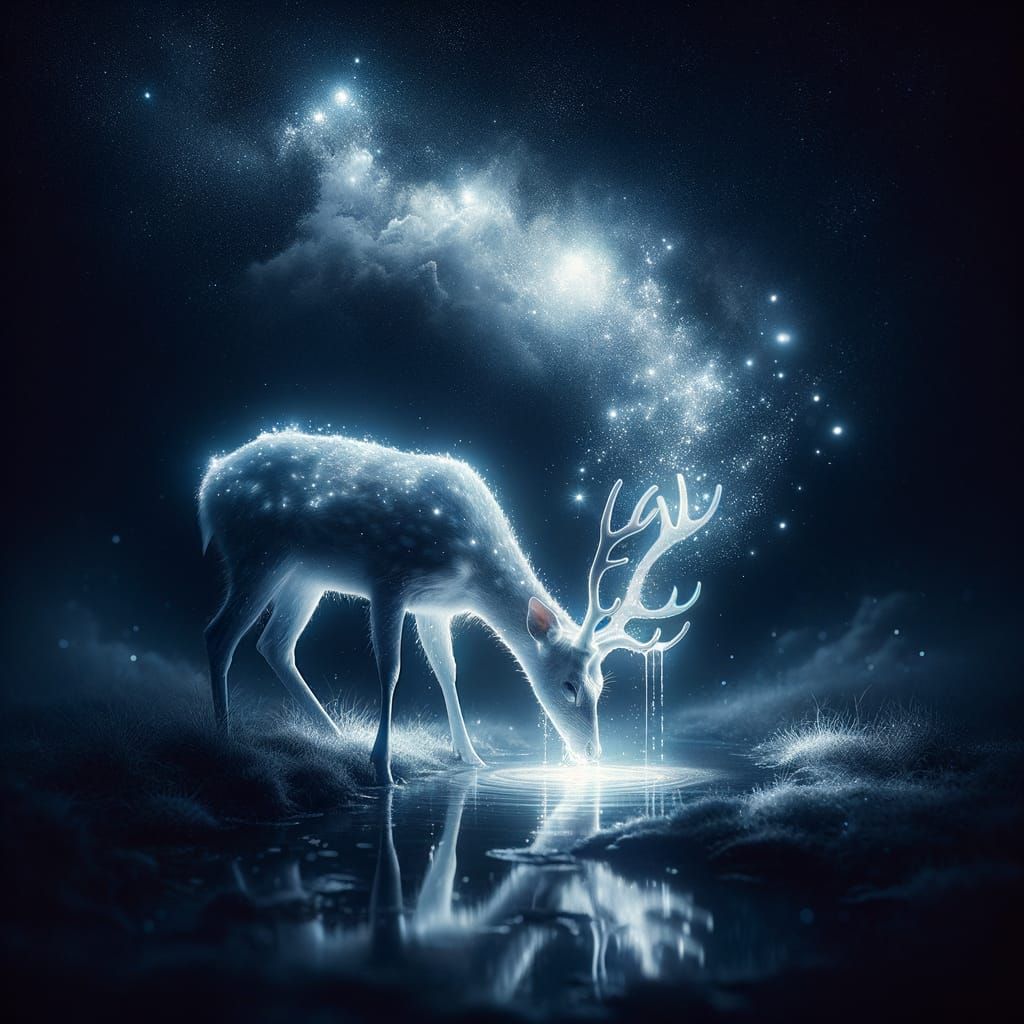 Magical Deer Drinking in Starry Night Glow