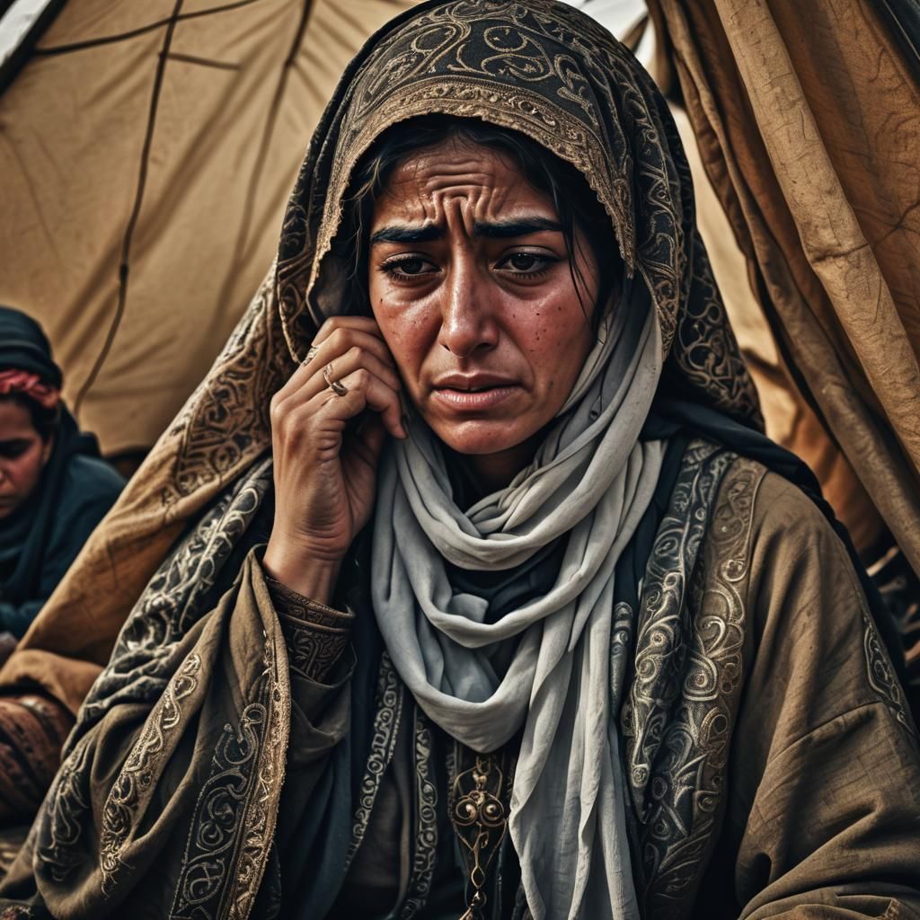 Crying Arab Woman in Tent: Hyperrealistic Portrait