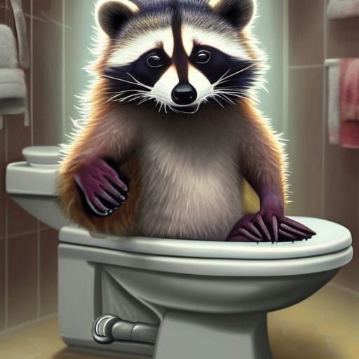 Cute Raccoon Trapped in Ornate Toilet: Digital Art