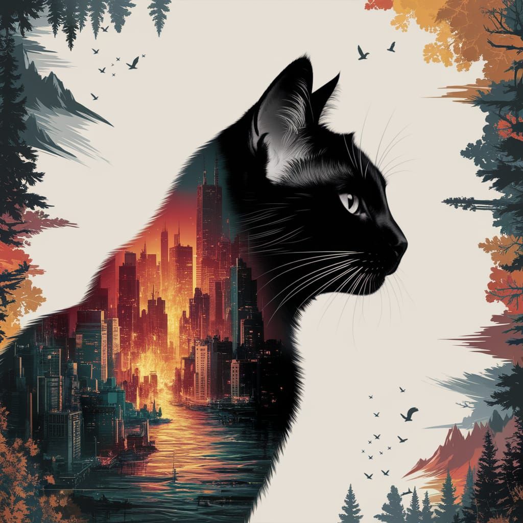 Cat Profile Merged with Fiery Urban Landscape