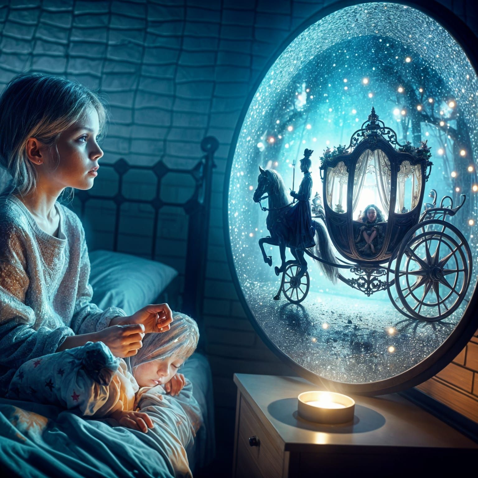 Girl Gazing in Awe at a Magical Holographic Scene