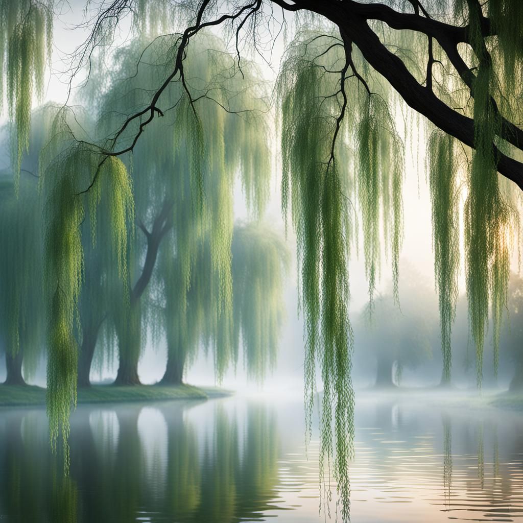 Weeping Willows in Misty Morning Light