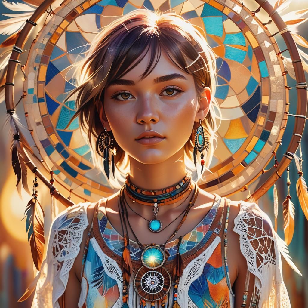 Bohemian Girl Fashion Illustration with Dream Catcher