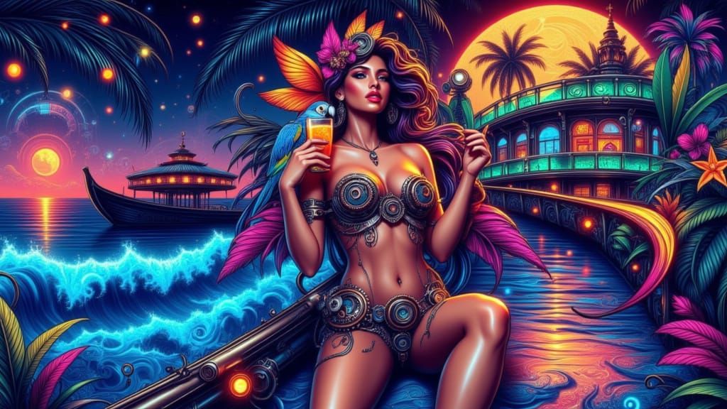 Steampunk Art Nouveau Woman at Neon Resort