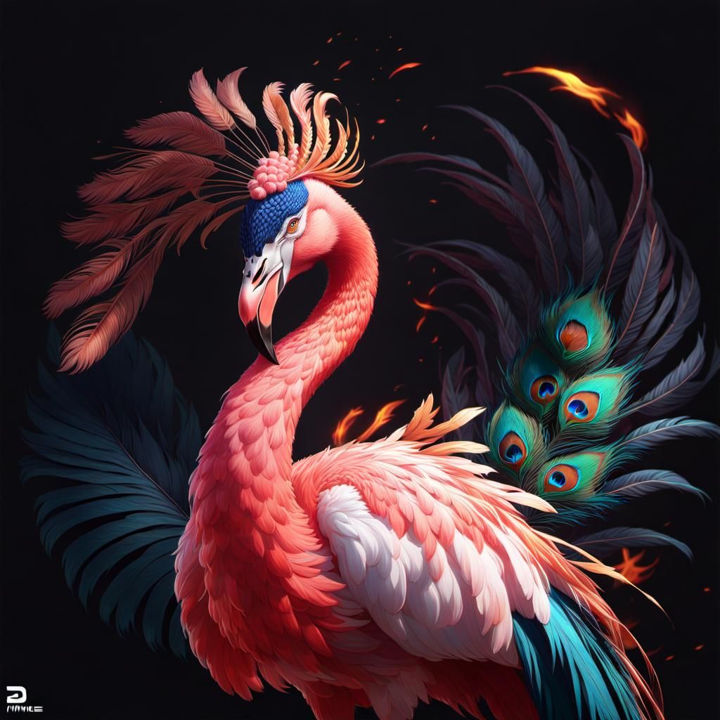 Flamingo-Peacock-Phoenix Hybrid in Anime Style