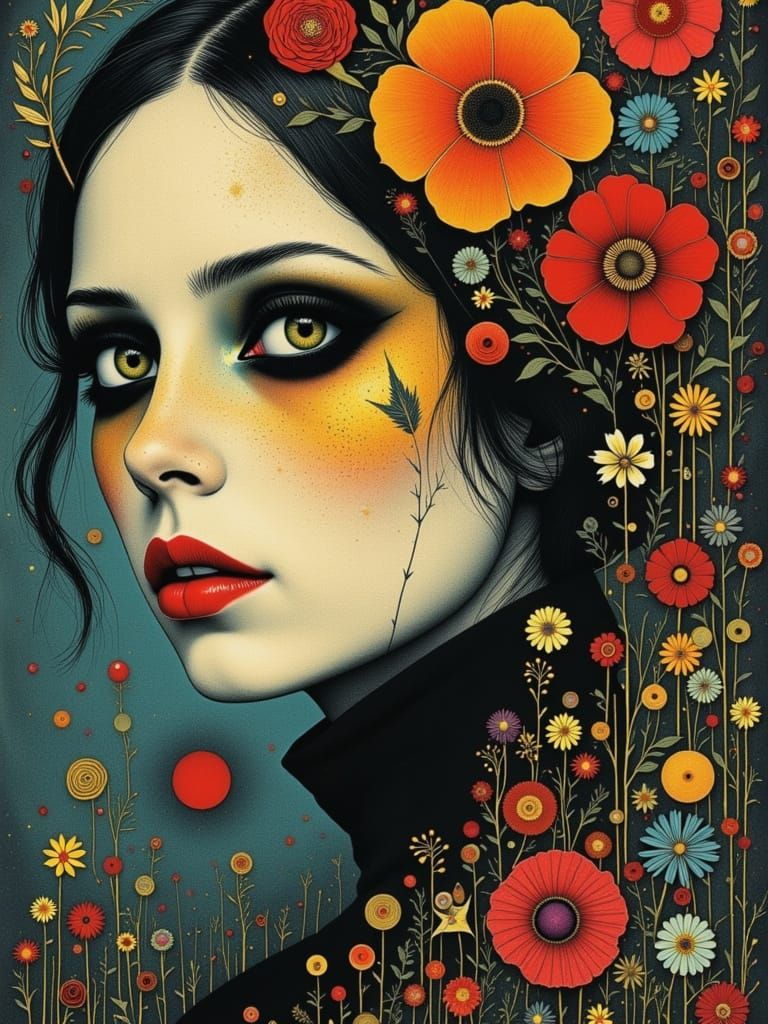 Gothic Flowercore Woman in Watercolor Expressionism Style