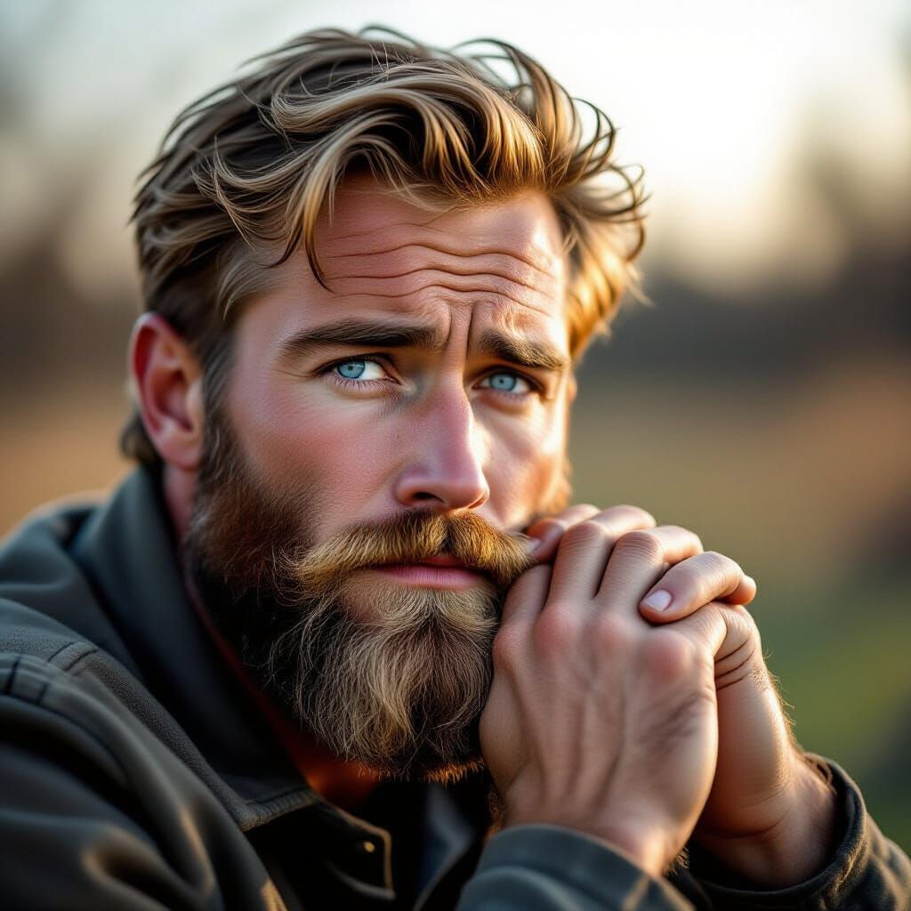 Weary Man With Piercing Blue Eyes Gazes Into Distance