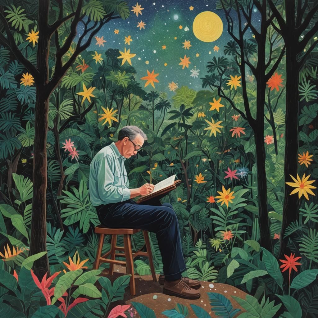Astronomer studying the stars at night in the rainforest, do...