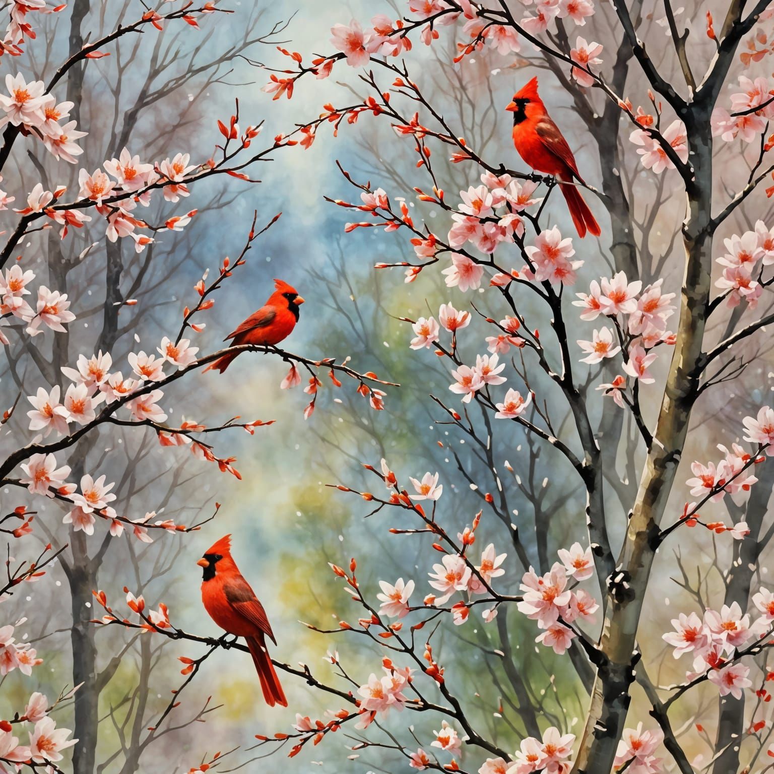 Red Cardinals in Cherry Blossom Tree