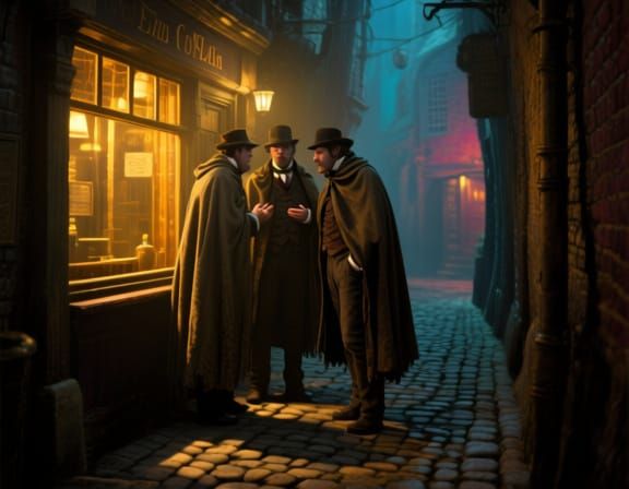 Victorian Men Conspiring in Dimly Lit Alley