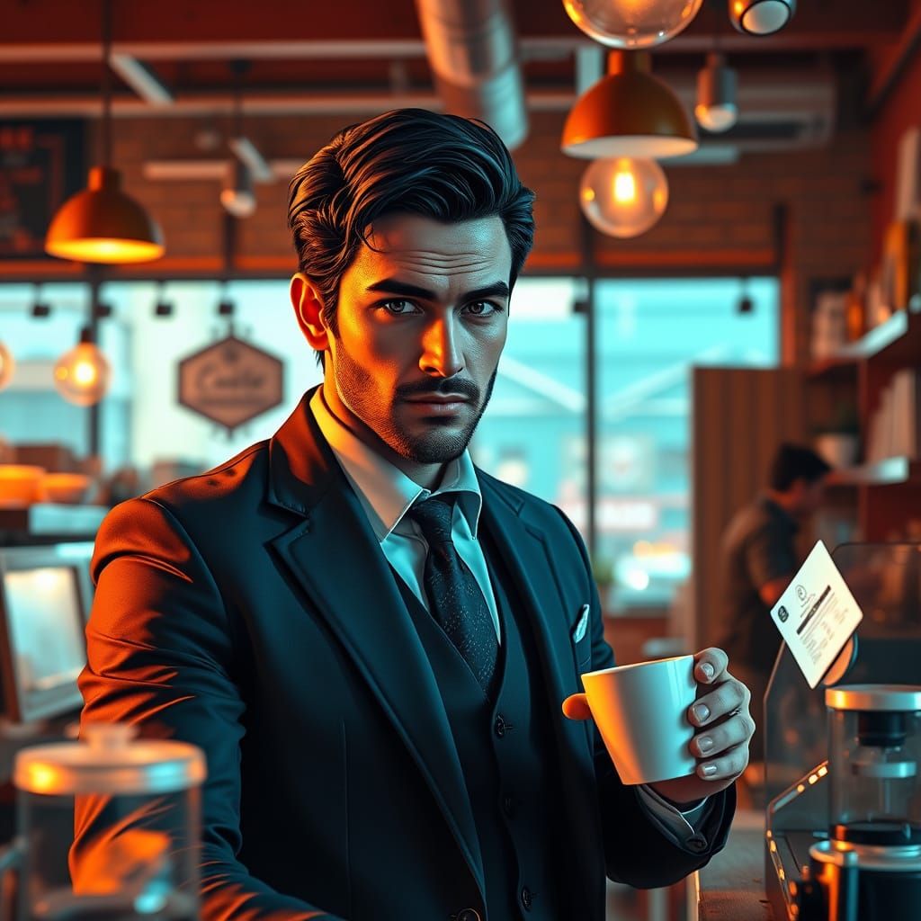 Dashing Man Buys Coffee in Hyperdetailed Cafe