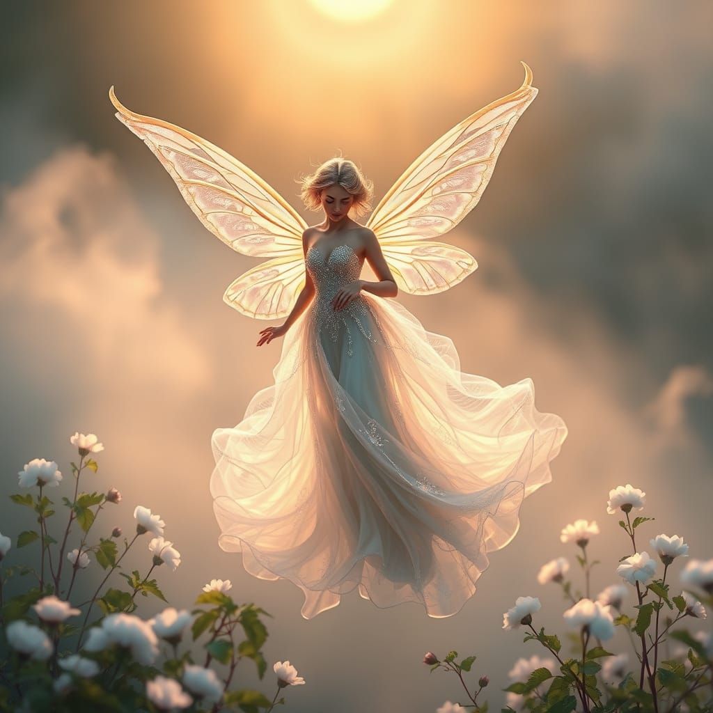 Ethereal Fée Soars Above Misty Water with Nénuphars in Whims...