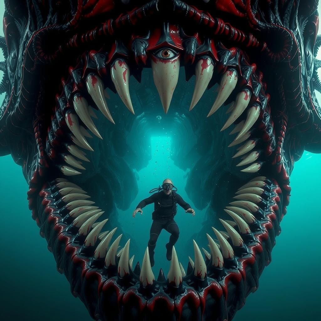 Eldritch Abomination Attacks Diver: Underwater Horror Scene