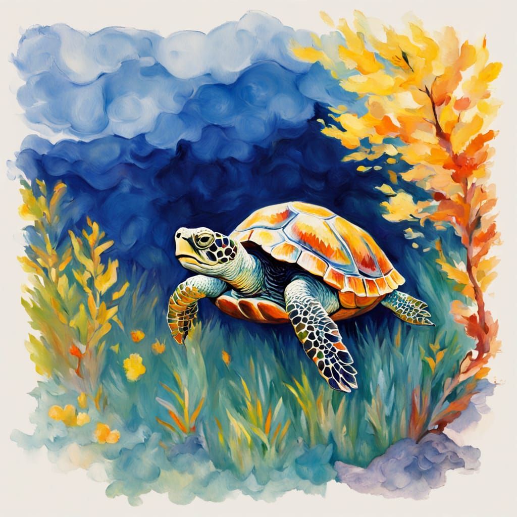 Friendly Turtle on Rocky Beach as Impasto Gouache