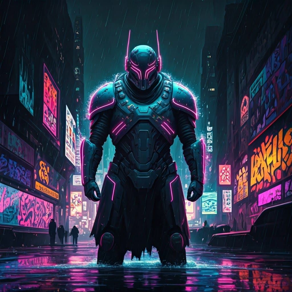 Neon Knight in Dystopian Cyberpunk Cityscape