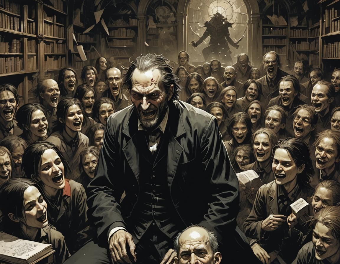 Grieving Alchemy Teacher Surrounded by Schoolchildren