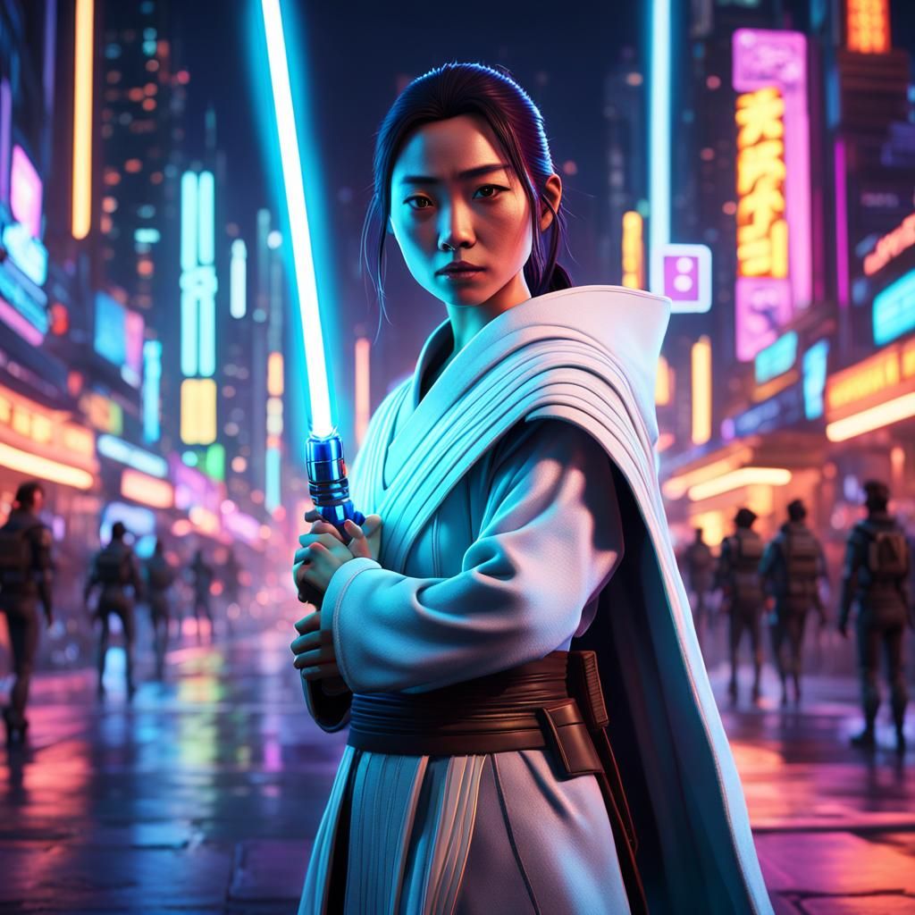 Female Jedi Knight in Neon City, Pixar Style