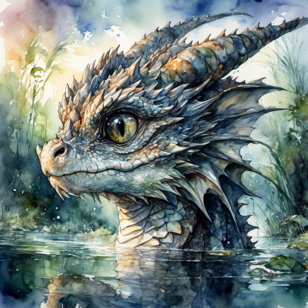 Enchanting Dragon in Watercolor Swamp