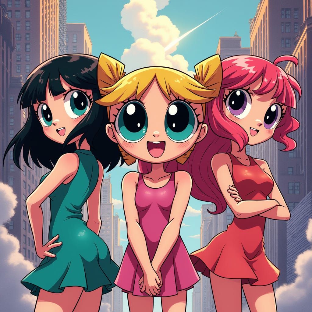 Anime-Inspired Powerpuff Girls in Energetic Cityscape