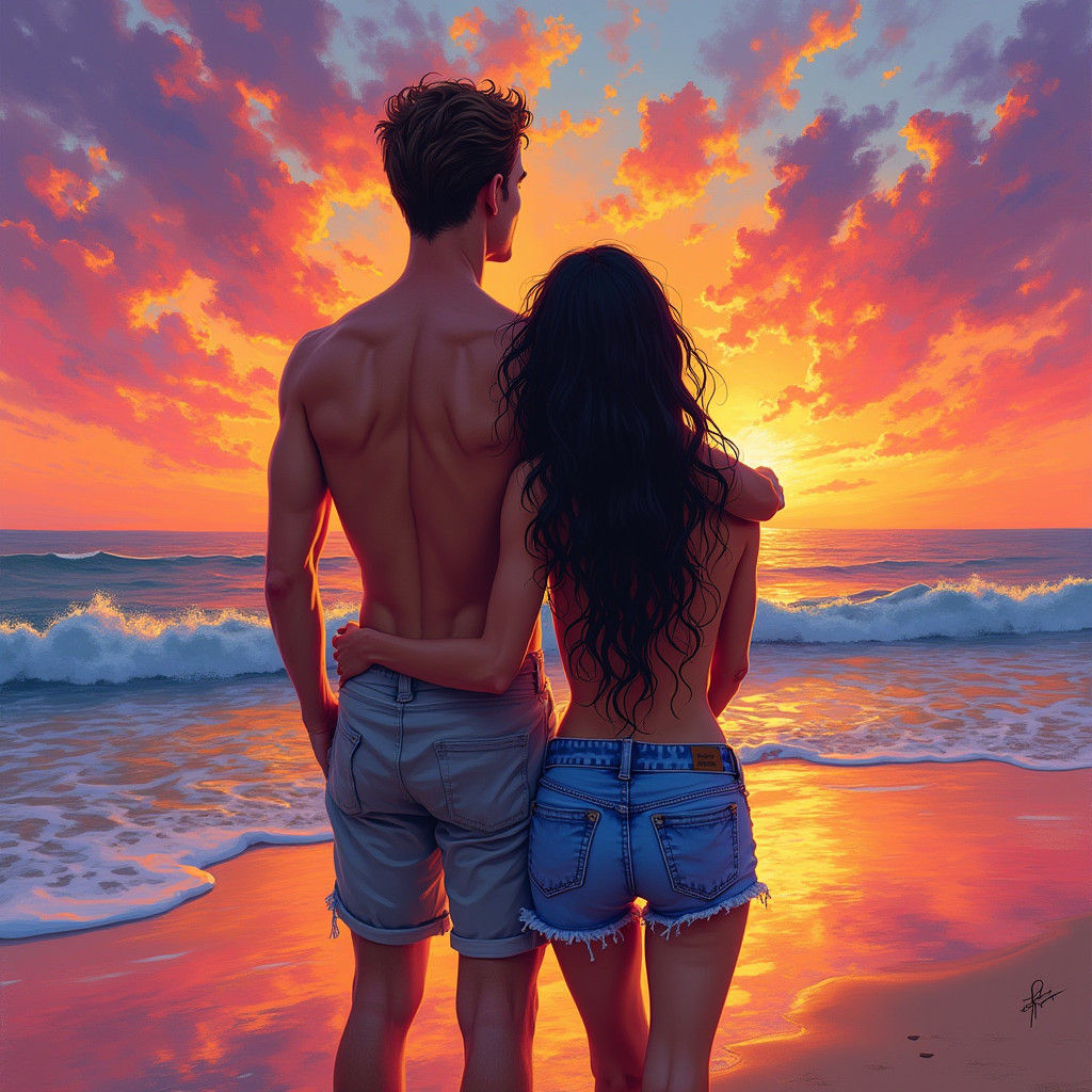 Couple Embracing on Beach at Sunset in Graffiti Art Style