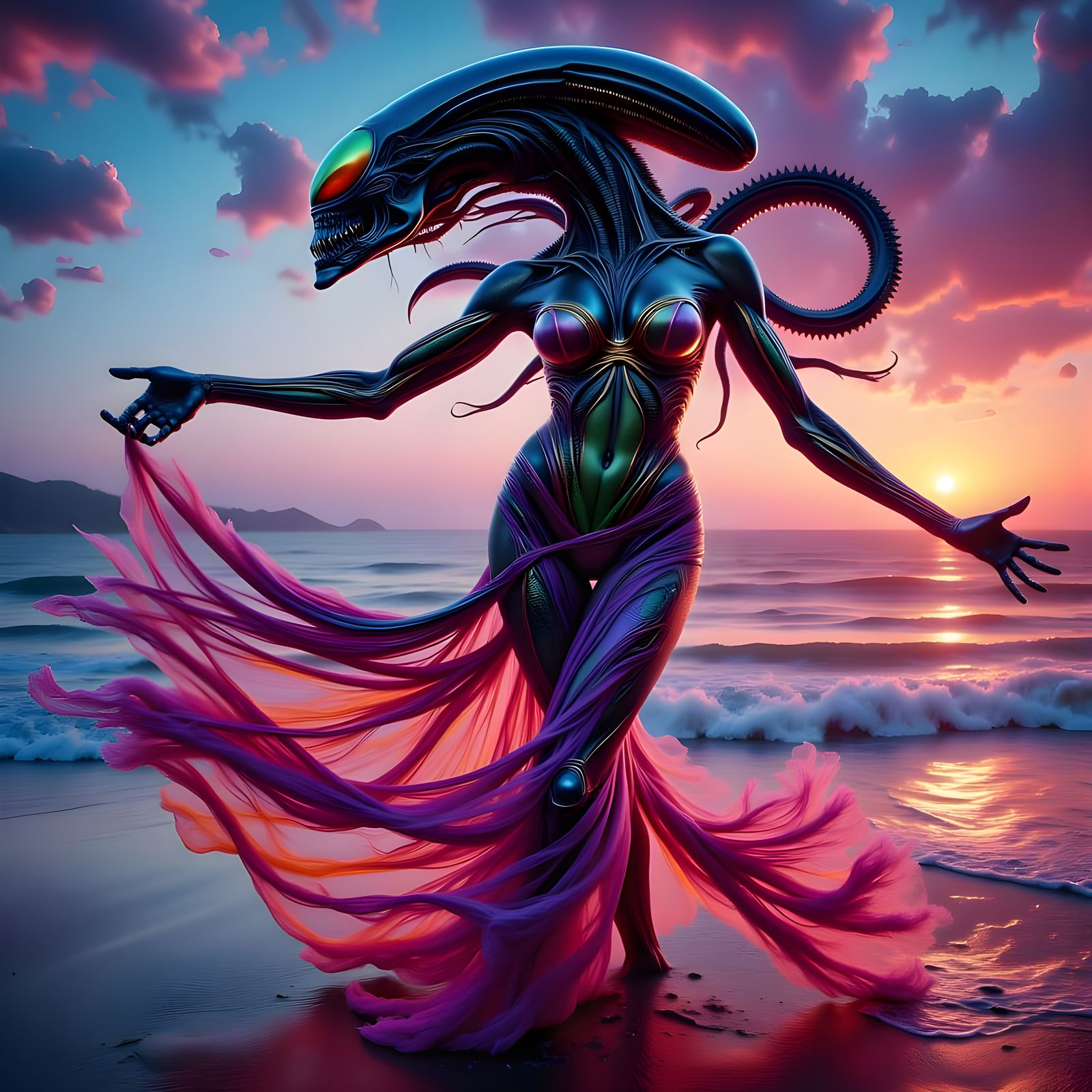 Neon Xenomorph Hybrid Dancer at the Beach