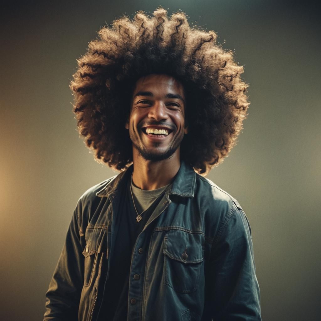 Smiling Man with Big Afro in Cinematic Style