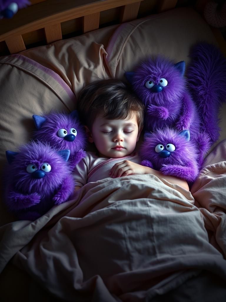 Hyper-fluffy cute purple monsters around the bed of a boy, c...