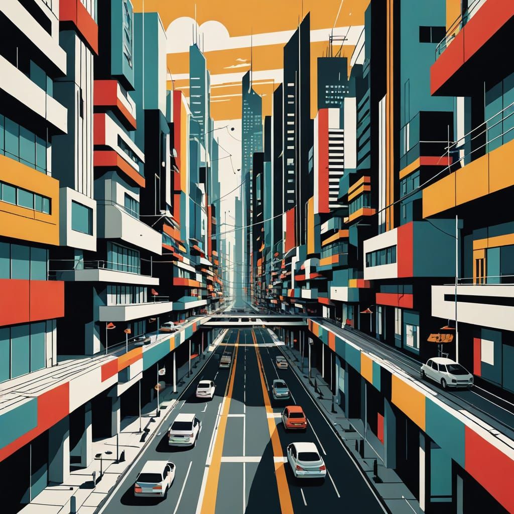 Bauhaus-Inspired Futuristic Cityscape with Layered Stripe Ar...
