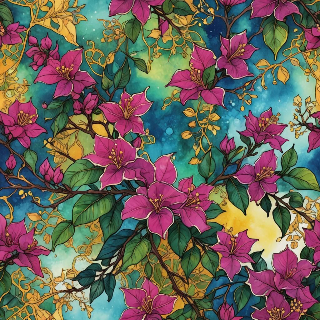 Glossy Bougainvillea Alcoholic Ink Painting with Zentangle E...