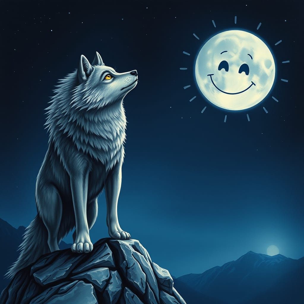 Gray Wolf Under Full Moon with Playful Smile