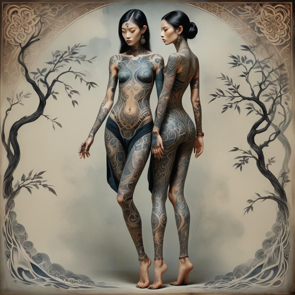Mysterious Woman with Tattoos in Hyperrealistic Style