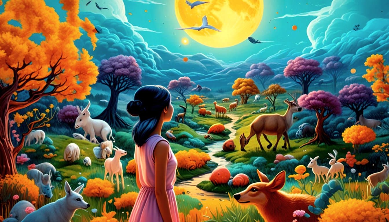 Whimsical Landscape with Animals, Moon, and Stars