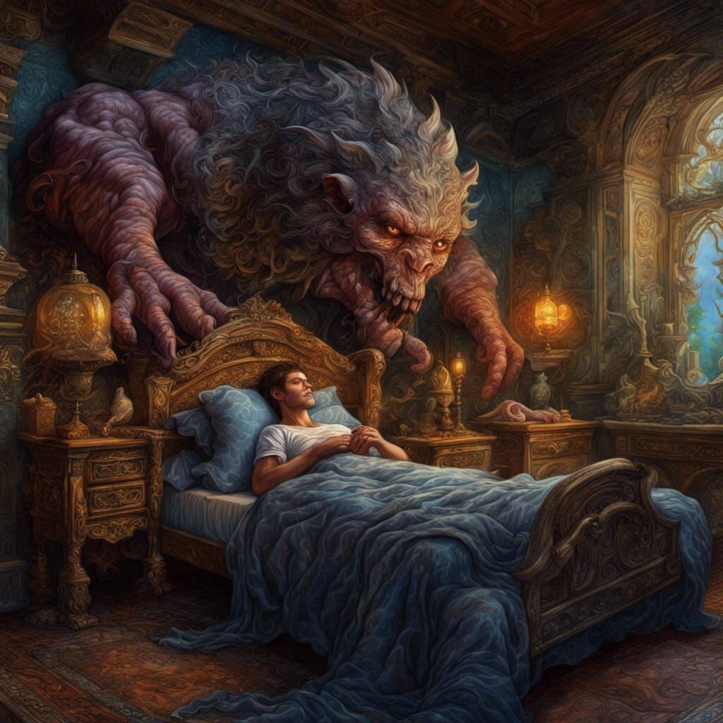 Man and Monster Asleep, Detailed Fantasy Art