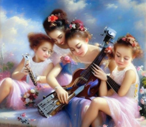 Girl Band with Guitar and Violin in Daeni Style