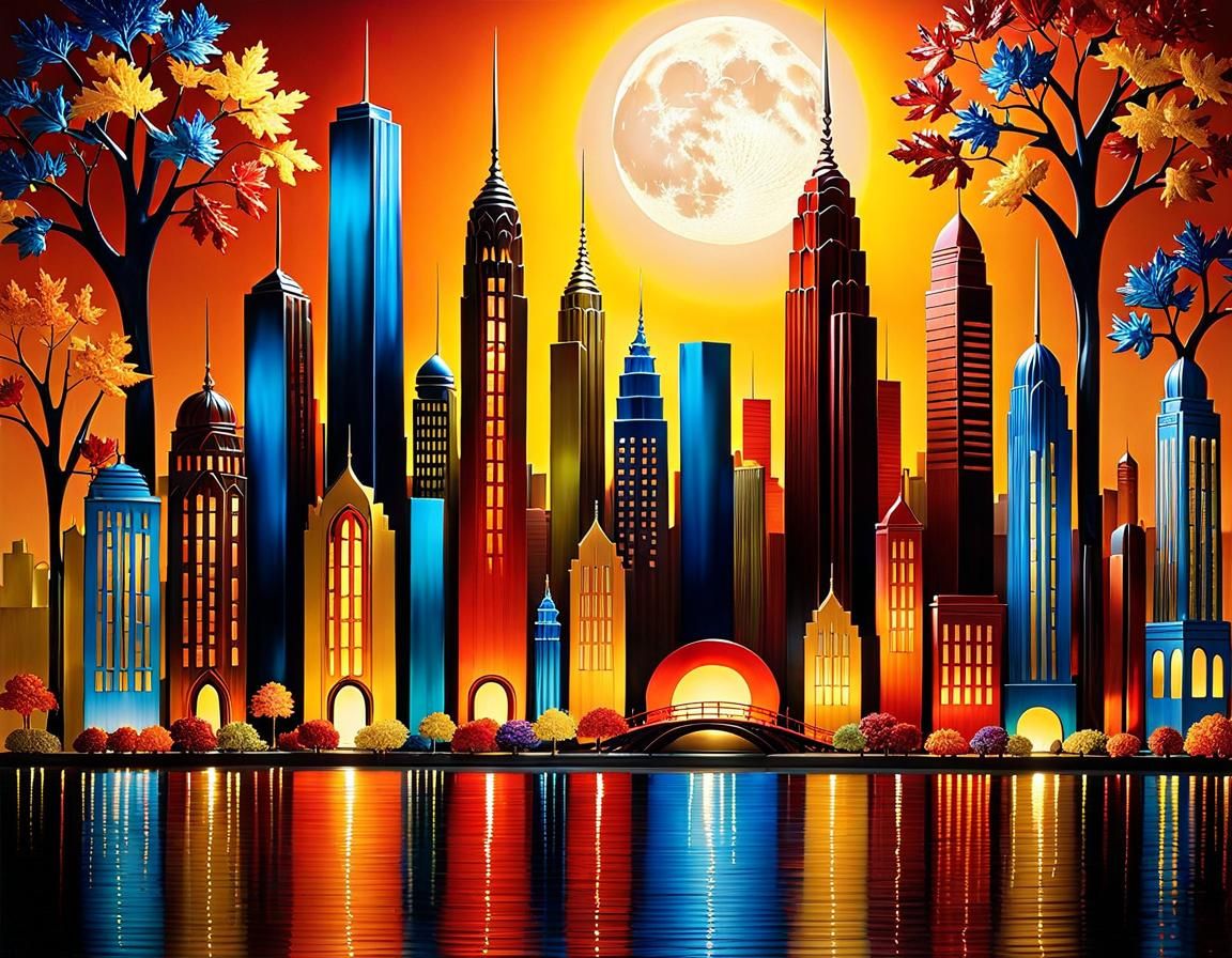 Sculptured Metal Cityscape Under Autumn Moon