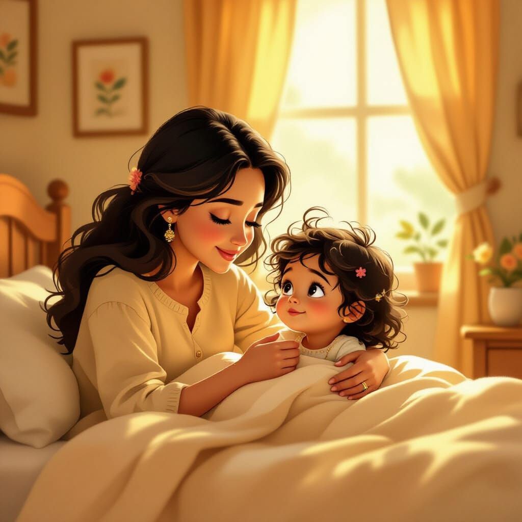 Mother Wakes Daughter in Cozy Bedroom with Soft Light