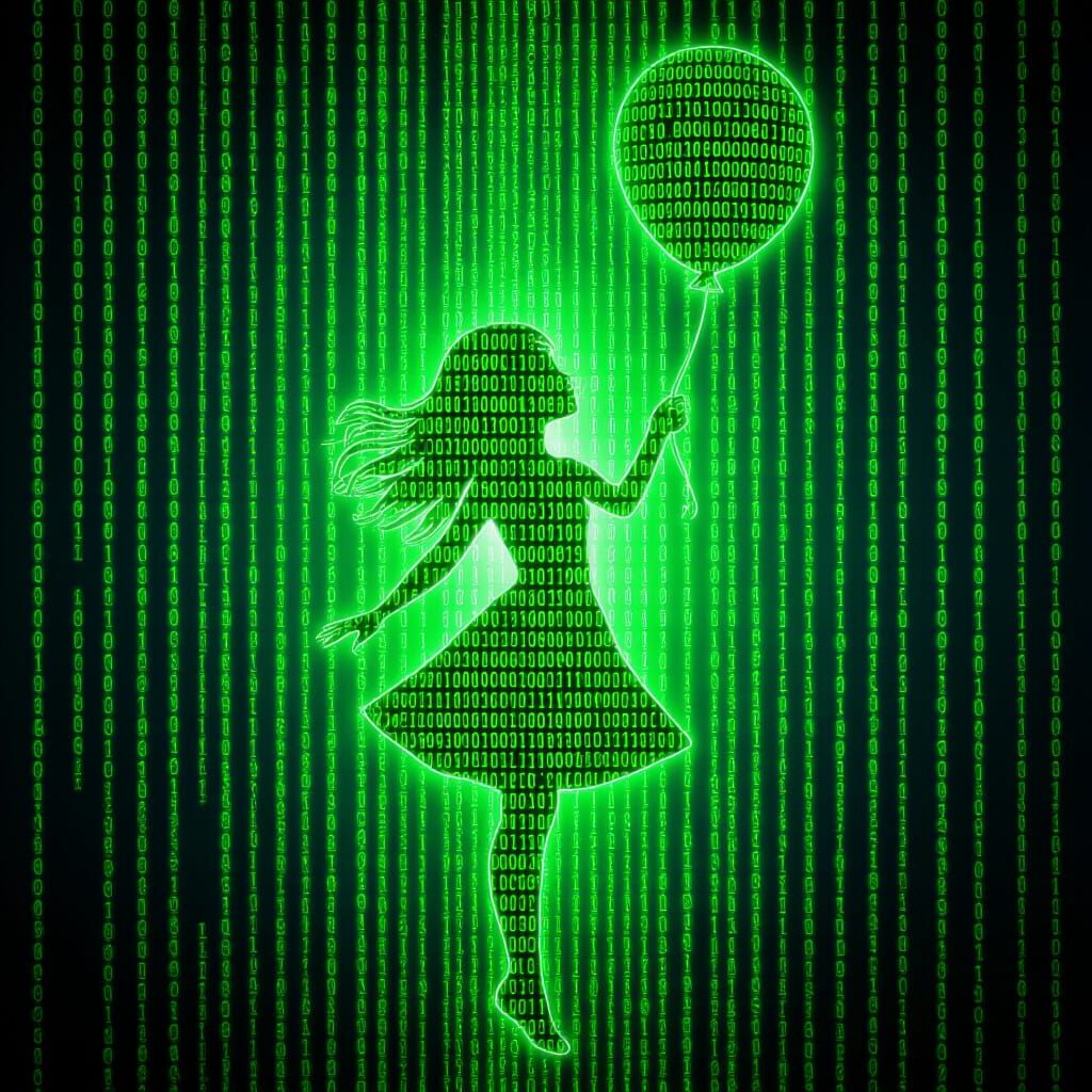 Holographic Girl with Balloon in Binary Art Style