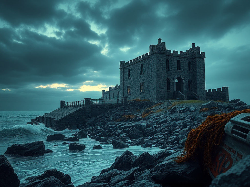 Ruined Prison Entrance on Rocky Island in Digital Painting