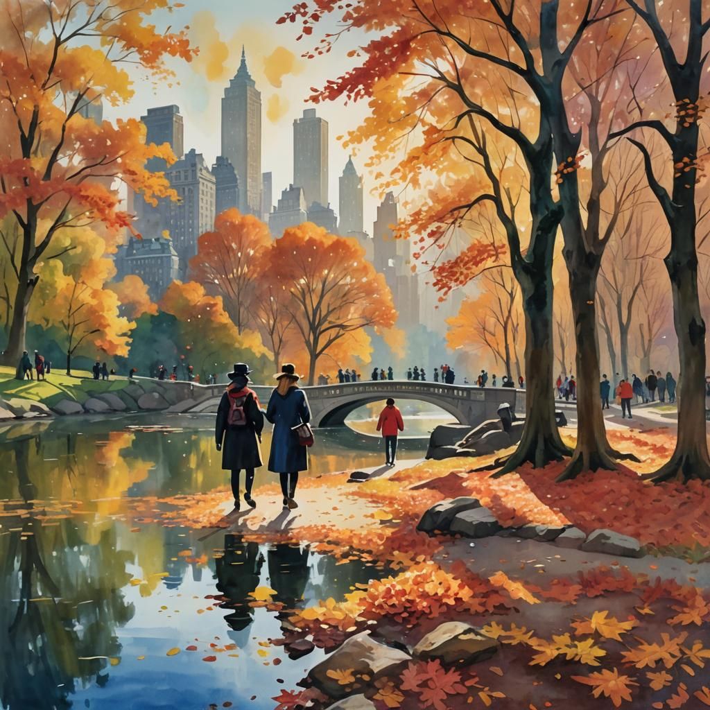 Autumn in Central Park: Gouache Watercolor Painting
