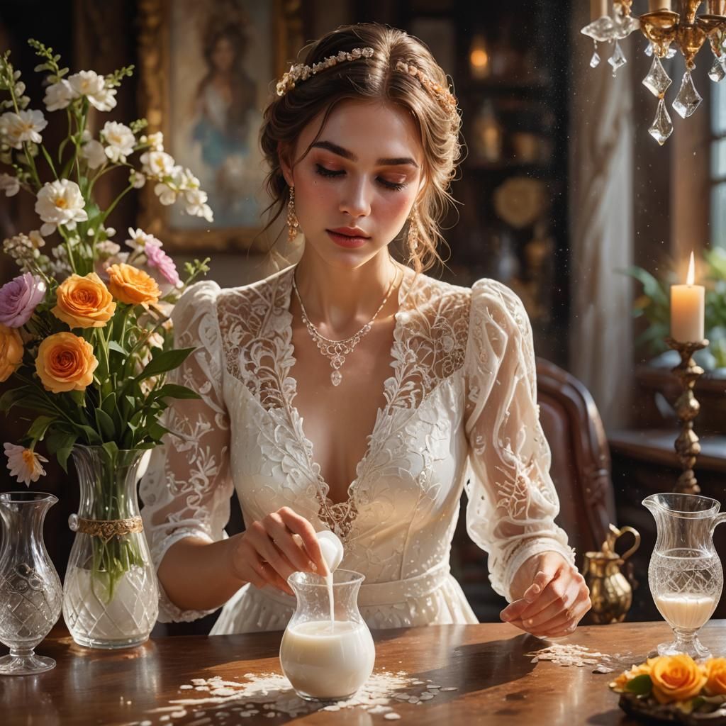 Woman Pours Milk in Hyperrealistic Concept Art