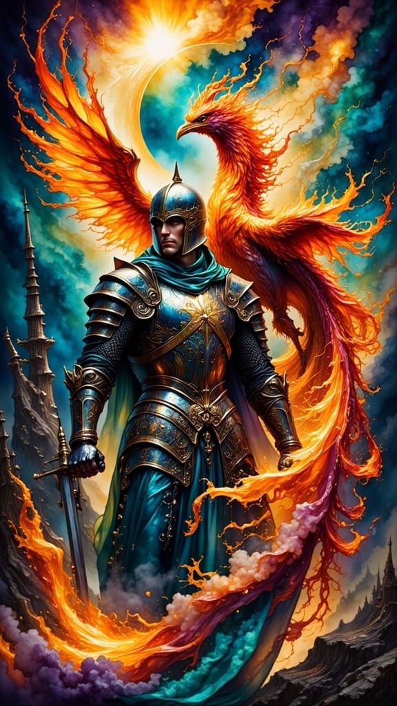 Neo-Traditional Knight Tattoo Design with Phoenix and Storm