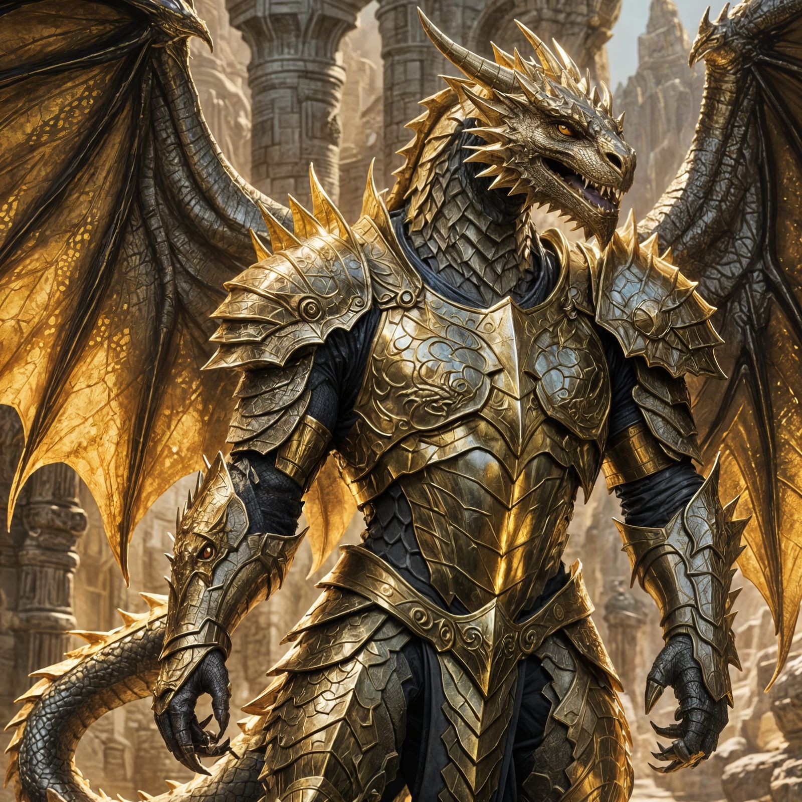 Dragonborn Paladin with Golden Wings and Tail