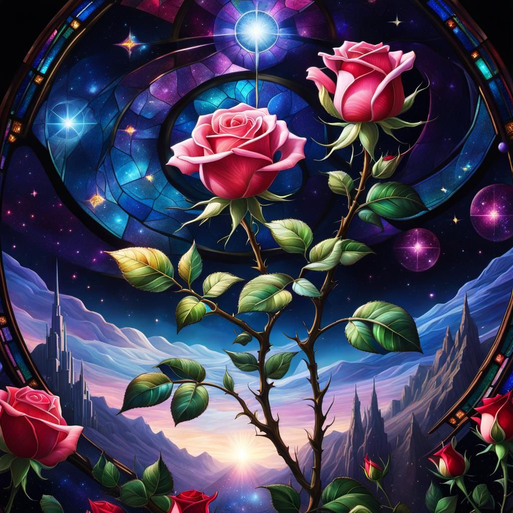 A stained glass galactic space rose, magical glowing sparkle, dark fantasy, sharp, high definition, insanely detailed, d...
