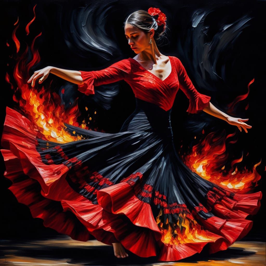 Flamenco Dancer in Fiery Impasto Oil Painting